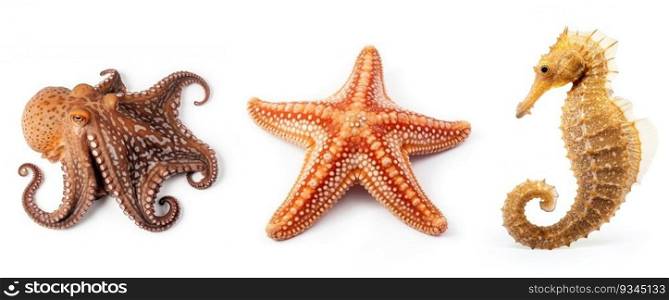 Set with sea animals, isolated on white background. Collection of ocean inhabitants. Marine life. Undersea creatures. Underwater wildlife. Octopus, seahorse and sea star. Generative AI. Set with sea animals, isolated on white background. Collection of ocean inhabitants. Marine life. Undersea creatures. Underwater wildlife. Octopus, seahorse and sea star. Generative AI.