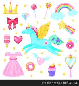Set with unicorn,hearts,dress,candy, clouds, rainbow and other elements on white background.