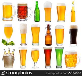 set with various glasses and bottles of beer isolated on white background
