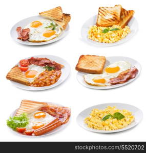 set with various plates of fried and scrambled eggs on white background