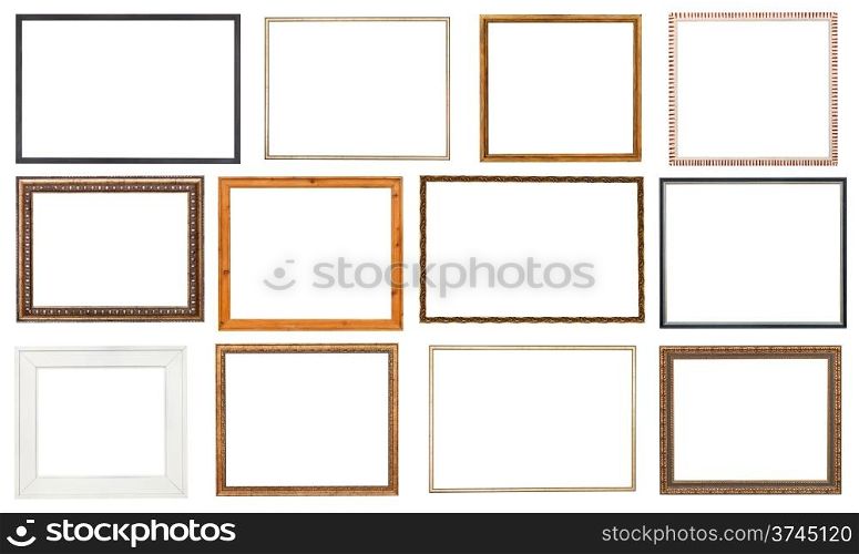 set wooden picture frame with cut out canvas isolated on white background