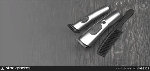 Setting with hair clipper and comb on wooden background with copy space