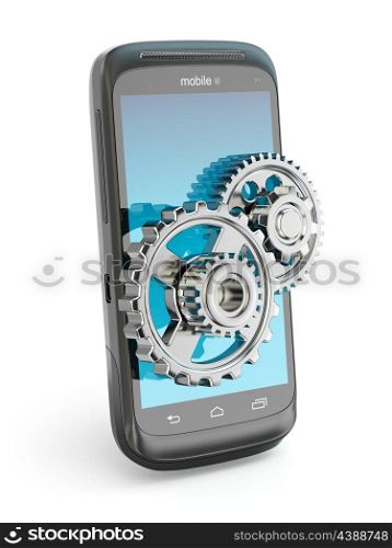 Settings of mobile phone. Gears on the screen. 3d