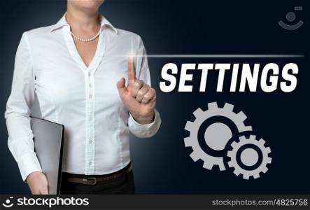settings touchscreen is operated by businesswoman. settings touchscreen is operated by businesswoman.