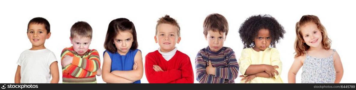 Seven angry children isolated on a white background