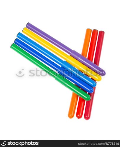 Seven colored felt pens isolated on white background