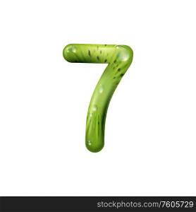 Seven digit made of kiwi with seeds and water drops isolated 7 number figure. Vector food font of kiwi. 7 number of kiwi with water drops isolated seven