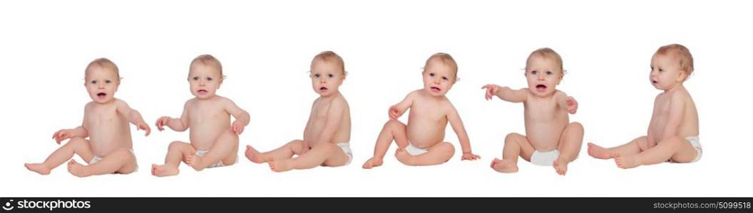 Seven equal babies sitting on the floor isolated on a white background