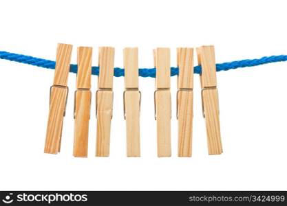 Seven pegs hanging in a rope, white isolated background.
