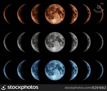 Seven phases of the moon isolated on black background. Gray, blue, red