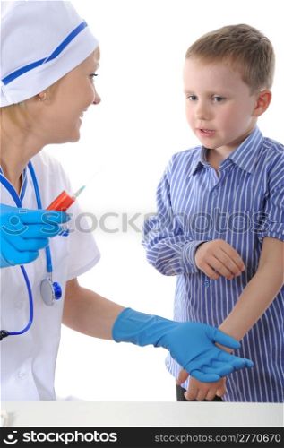 seven-year boy is afraid of injections. Isolated on white background