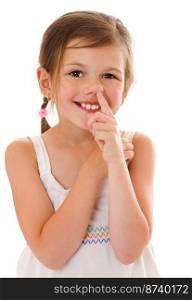 Seven years girl picking her nose isolated on white