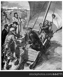 Seven years in the land of Atlantic cod, Sleigh veil, vintage engraved illustration. Journal des Voyage, Travel Journal, (1880-81).