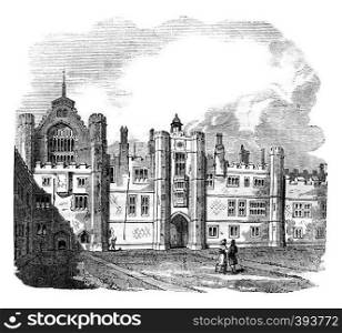 Seventh Palace Homptoncourt raised by Wolsey, vintage engraved illustration. Colorful History of England, 1837.