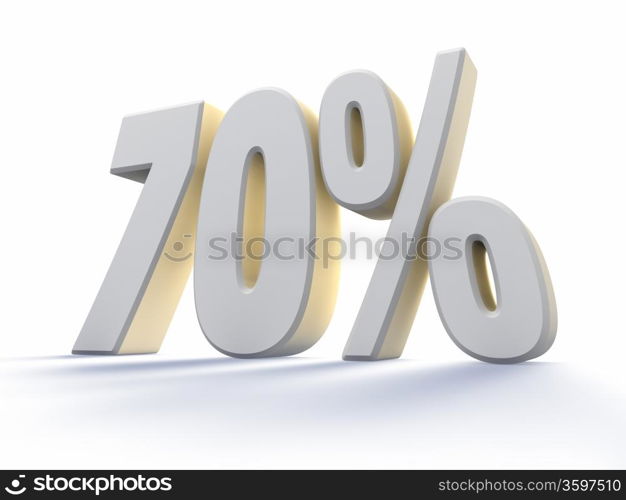 Seventy percent, large white number with backlit, isolated on white background. 70%