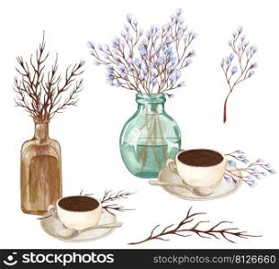 Several blooming and dried twigs in a glass vase and a cup of coffee. Watercolor illustration of morning coffee isolated on white background.