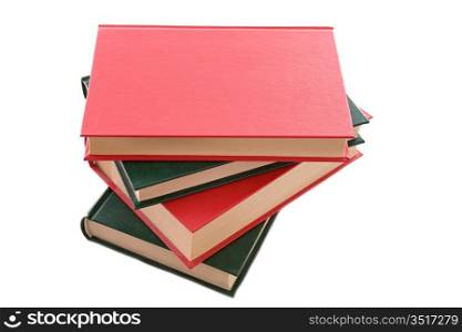 Several books stacked with a hard cover on a white background