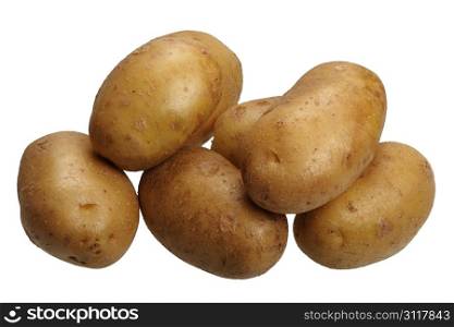 Several brown potatoes on white background, isolated