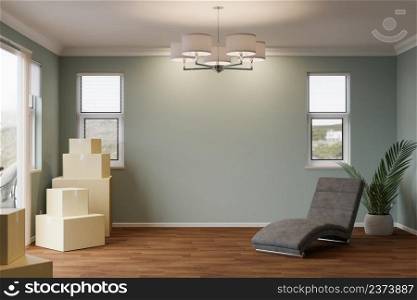 Several Cardboard Moving Boxes, Chair and Plant on Floor of Empty Room of House with Blank Wall.