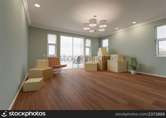 Several Cardboard Moving Boxes, Chair and Plant on Floor of Empty Room of House.