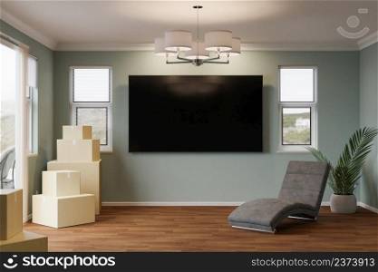 Several Cardboard Moving Boxes, Chair, Plant and Blank Wall Mounted TV in Room.