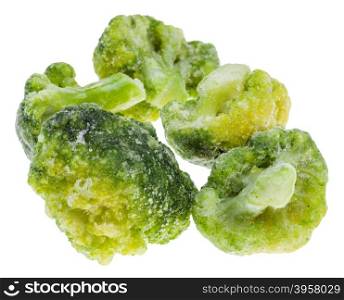 several frozen broccoli flower-heads isolated on white background