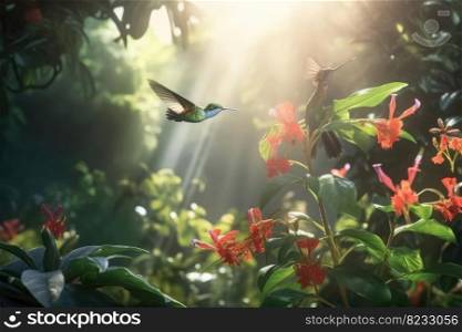 Several hummingbirds buzzing around flowers in a jungle created with generative AI technology