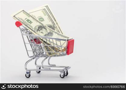 Several hundred US dollar bills are in the grocery cart