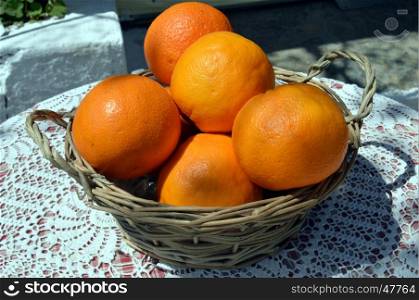 Several oranges bios in a basket in wickerin the Creta.