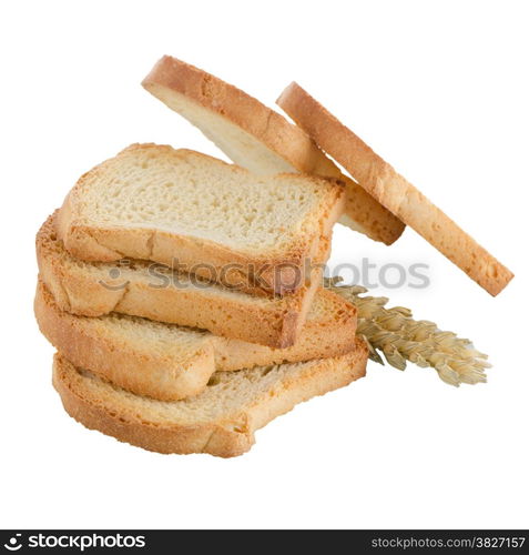 Several pieces of golden brown toast on white background.