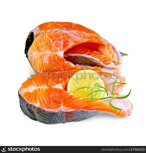 Several pieces of trout with lemon and rosemary isolated on white background