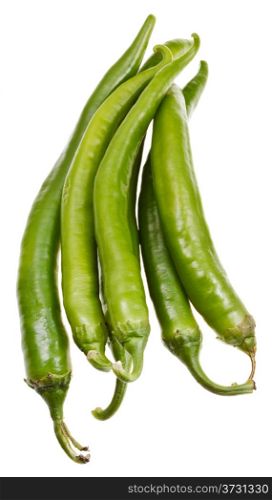 several pods of fresh green spicy peppers isolated on white background