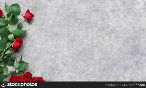 Several red roses on grey background,banner.Valentine day background.Generative ai.. Several red roses on grey background,banner.Valentine day background.