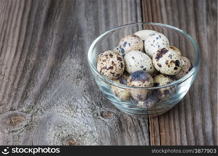 Several spotted quail eggs in a glass bowl on the background of the old wooden boards