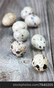 Several spotted quail eggs on the background of the old wooden boards