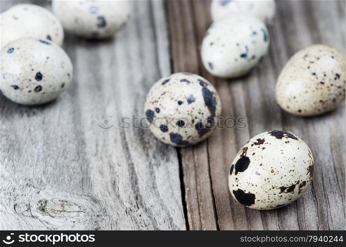 Several spotted quail eggs on the background of the old wooden boards
