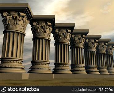 Several stone columns or pillars by sunset. Stone columns - 3D render