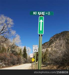 Several street signs along side of road in Utah, USA.