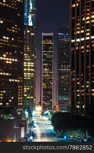 Several tall skyscrapers in downtown Los Angeles.