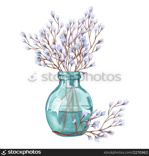 Several twigs with blooming twigs in a glass vase. Watercolor illustration of twig in vase isolated on white background.