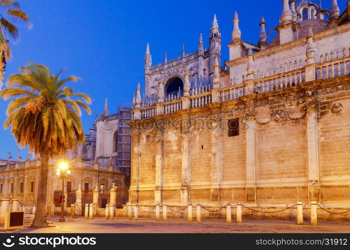 Sevilla. Cathedral in the early morning.. View of the Cathedral of Seville in the morning. One of the largest Gothic cathedral. Andalusia. Spain. Sevilla.