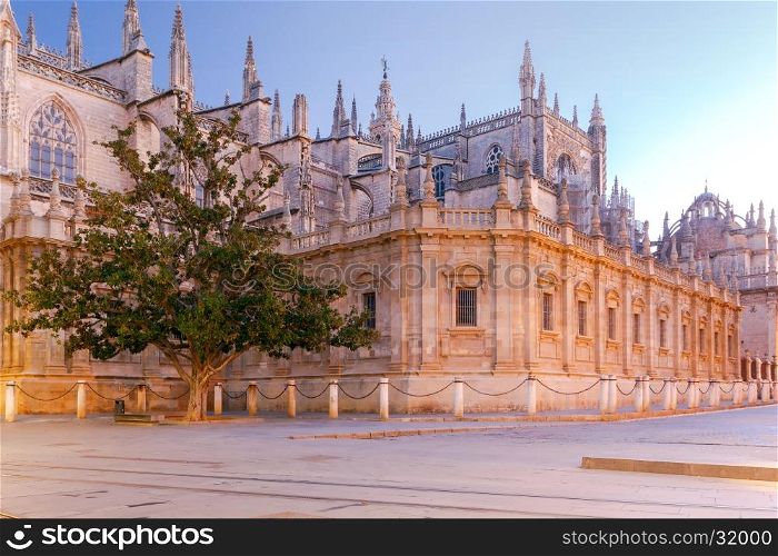 Sevilla. Cathedral in the early morning.. View of the Cathedral of Seville in the morning. One of the largest Gothic cathedral. Andalusia. Spain. Sevilla.