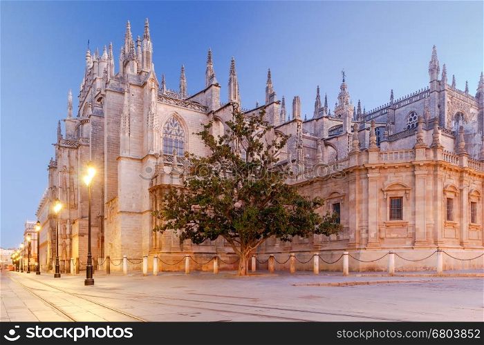 Sevilla. Cathedral in the early morning.. View of the Cathedral of Seville in the morning. One of the largest Gothic cathedral. Andalusia. Spain. Sevilla.