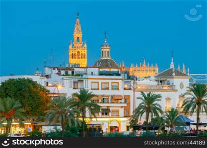 Sevilla. Giralda Tower.. Giralda Tower in Seville in night light. Spain. Andalusia.