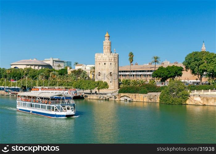Sevilla. Golden Tower.. Golden Tower Torre del Oro on the banks of the Guadalquivir River. Sevilla. Andalusia. Spain.
