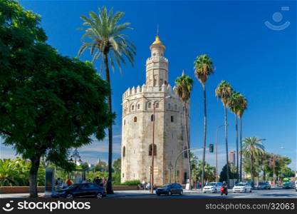 Sevilla. Golden Tower.. Golden Tower Torre del Oro on the banks of the Guadalquivir River. Sevilla. Andalusia. Spain.
