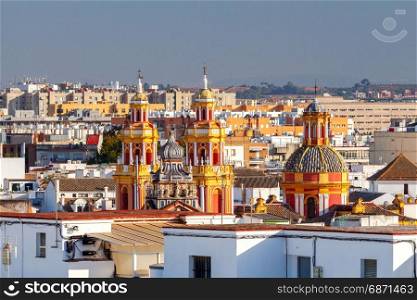 Seville. Aerial view of the city.. Aerial view of the old quarters and the roofs of Seville. Spain. Andalusia.