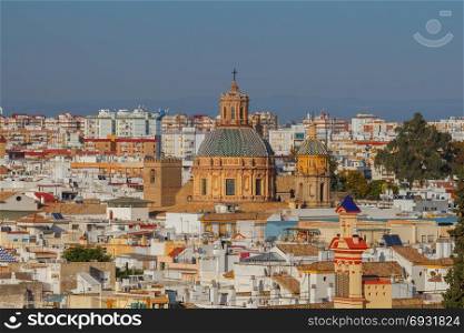 Seville. Aerial view of the city.. Aerial view of the old quarters and the roofs of Seville. Spain. Andalusia.