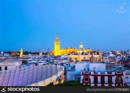 Seville Cathedral and cityscape downtown at dusk Sevilla, Spain