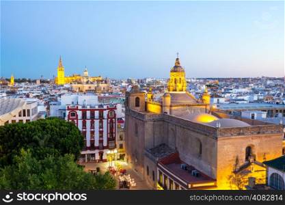 Seville Cathedral and cityscape downtown at dusk Sevilla, Spain